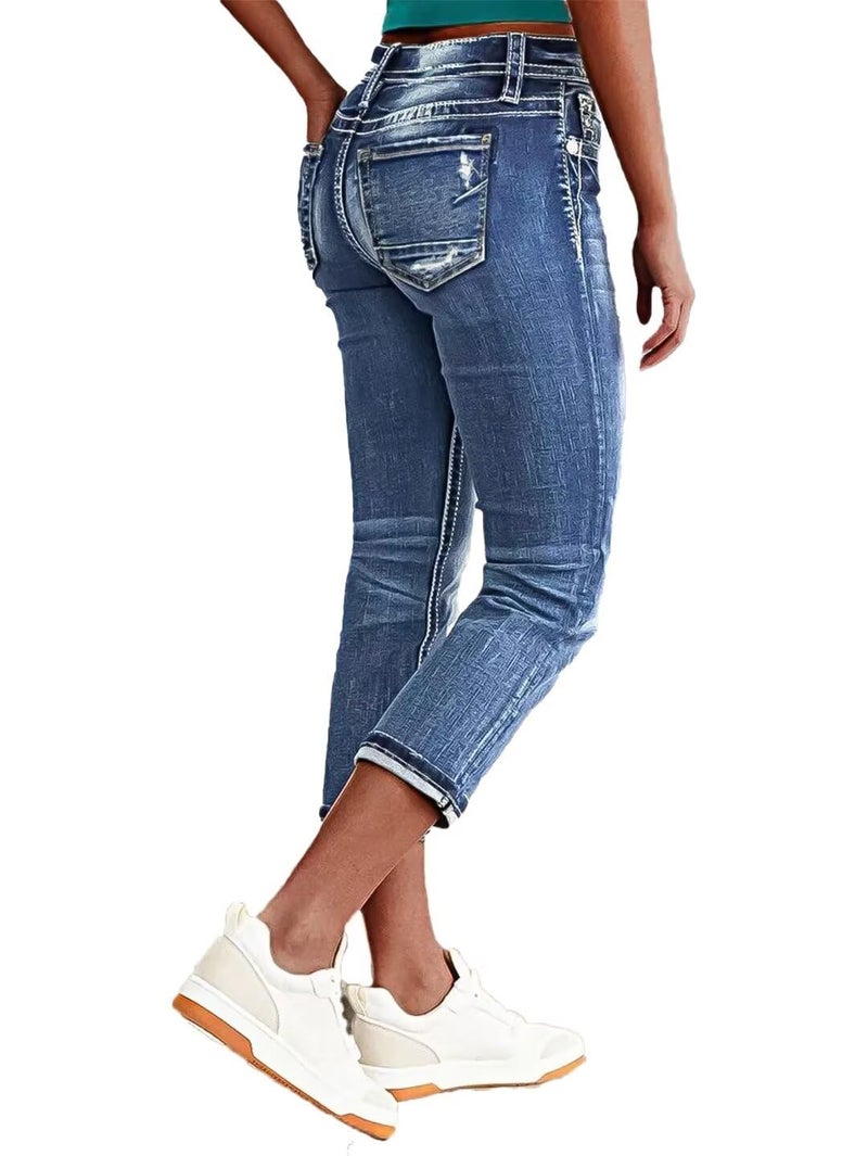 Flamingals Women's Denim Capri Jeans for Women Mid Rise Skinny Capri Pants Teal Mid Blue M - Image 1
