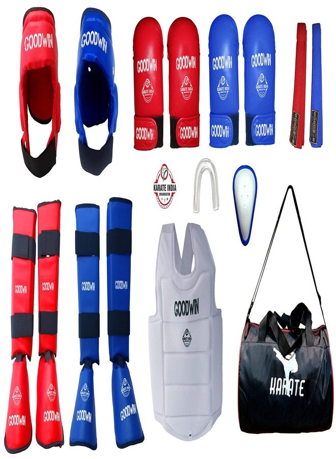 Be Win KIO Approved Martial Arts Karate Safety Kit Pack of Head Guard, Chest Guard, Shin Guard, Hand Gloves, Belts, Mouth Guard, Abdomen Guard & Karate Bag - Image 1