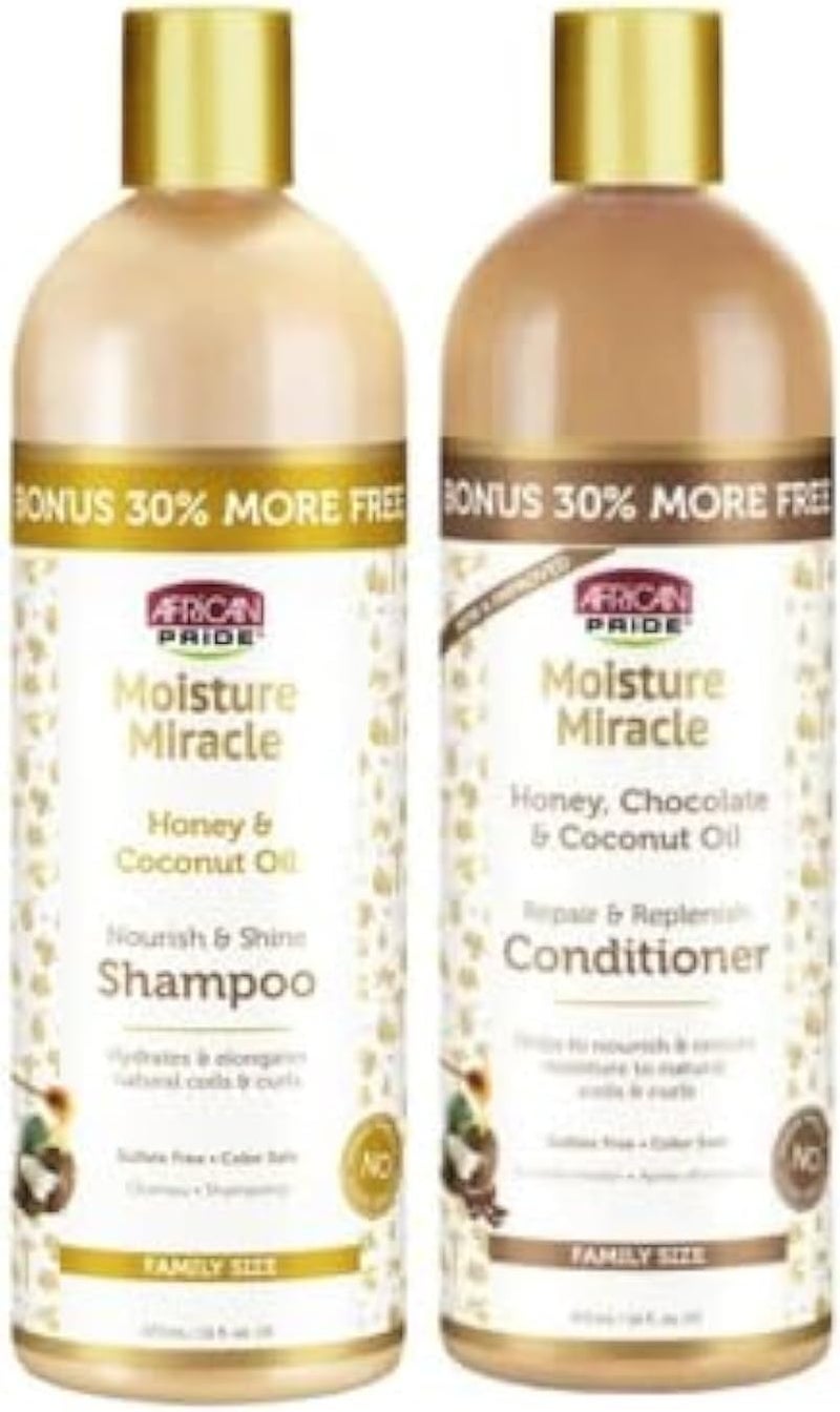 African Pride Moisture Miracle Honey Coconut Oil Shampoo Conditioner Family Bundle 16 oz