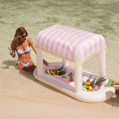 FUNBOY Giant Floating Pink Cabana Stripe Drink Station, Removable Fabric Shade with Fringe, Perfect for Parties, Table-Top Decorations and in-Pool Refreshments. - Image 3