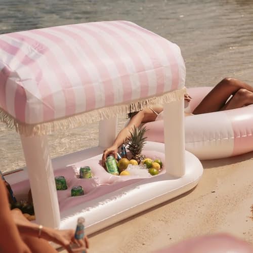 FUNBOY Giant Floating Pink Cabana Stripe Drink Station, Removable Fabric Shade with Fringe, Perfect for Parties, Table-Top Decorations and in-Pool Refreshments. - Image 2
