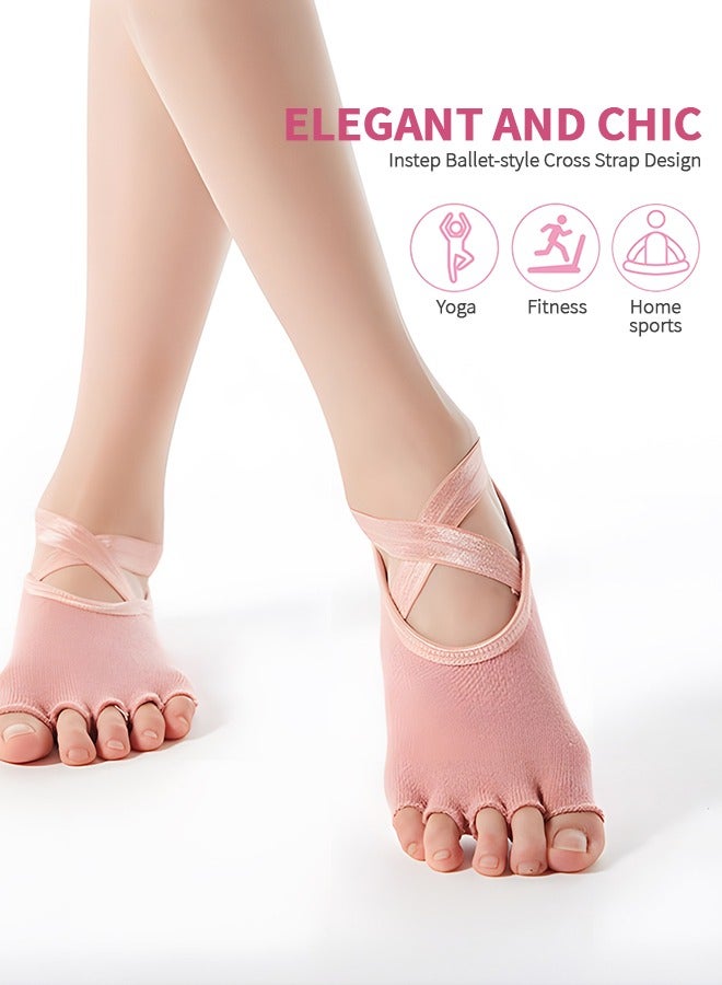 GROIC 2 Pairs Yoga Socks for Women with Non-Slip Grips & Straps, Non-Slip Toeless Socks for Pilates, Barre, Ballet, Fitness, Anti Skid Yoga, Running, Home & Leisure, Pedicure - Image 2