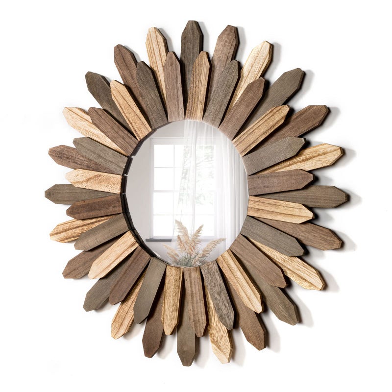 Honiway Boho Wall Decor 21 inch Wall Mirror Rustic Wood Decorative Mirror for Room Decor Rustic Home Decor Farmhouse Wall Decor at Living Room Bedroom Bathroom Hallway Trilcolor - Image 1