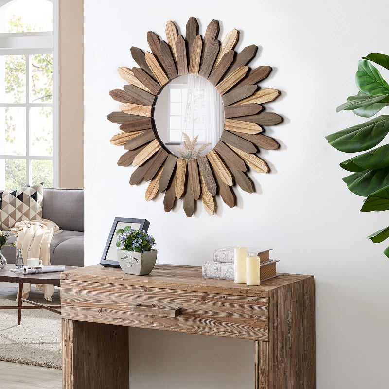 Honiway Boho Wall Decor 21 inch Wall Mirror Rustic Wood Decorative Mirror for Room Decor Rustic Home Decor Farmhouse Wall Decor at Living Room Bedroom Bathroom Hallway Trilcolor - Image 3