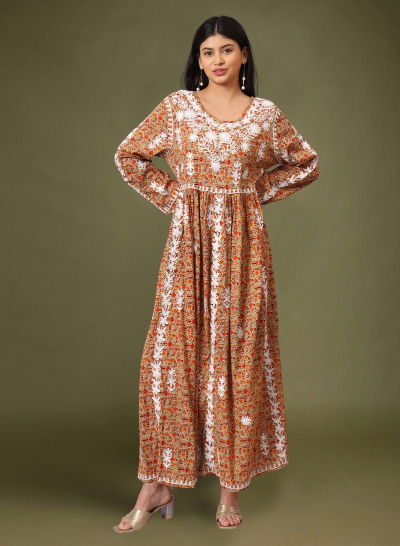 الايا جلابية مطبوعة من قطن المولمول بتطريز لكناوي شيكانكاري يدويًا - Image 1