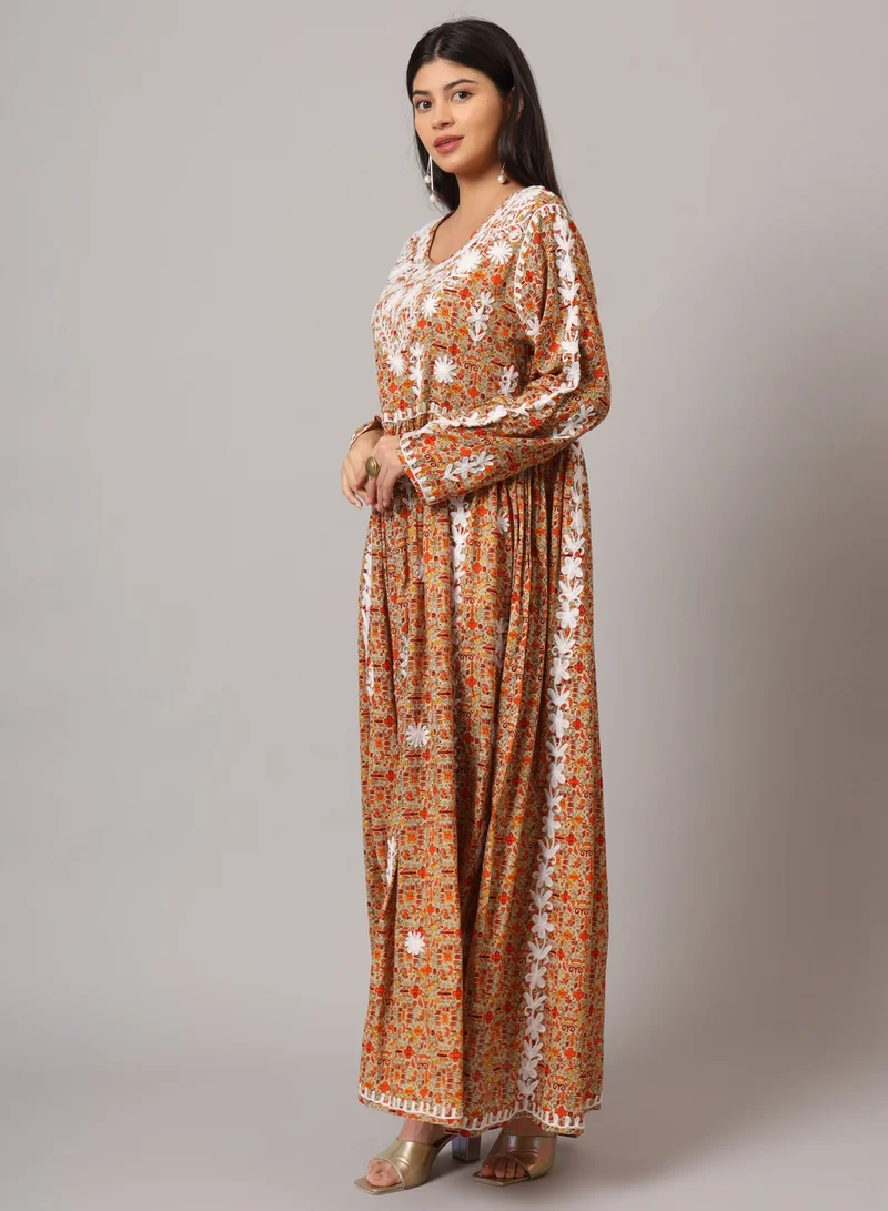الايا جلابية قطنية مطبوعة مطرزة يدويًا من لاكناوي شيكانكاري-AL3936
