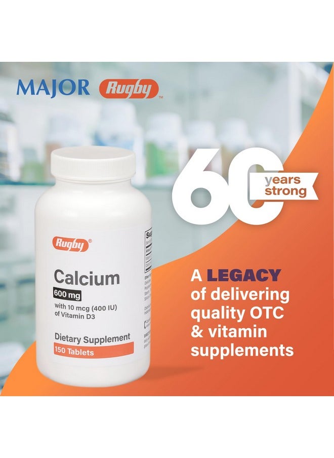MAJOR Rugby 600 mg Calcium Tablets - Made with 10 mcg (400 IU) of Vitamin D3 - Dietary Supplement - 150 Tablets  - Image 1