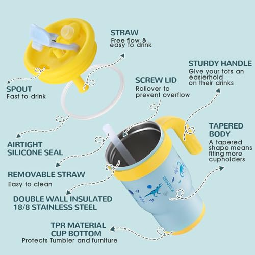 KXIAOCHEN 14 oz Kids Tumbler with Handle for Spill Proof Insulated Stainless Steel Reusable Tumbler for Toddlers, Keeps Drinks Cold up to 24 Hrs, Blue Dinosaur - Image 5