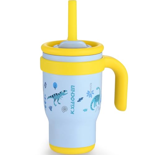 KXIAOCHEN 14 oz Kids Tumbler with Handle for Spill Proof Insulated Stainless Steel Reusable Tumbler for Toddlers, Keeps Drinks Cold up to 24 Hrs, Blue Dinosaur - Image 1