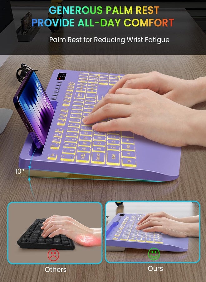Trueque Wireless Keyboard with 7 Colored Backlits, Wrist Rest, Phone Holder, Rechargeable Ergonomic Computer Keyboard with Silent Keys, Full Size Lighted Keyboard for Windows, MacBook, PC, Laptop (Purple) - Image 3