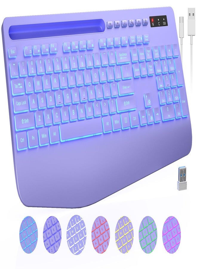 Trueque Wireless Keyboard with 7 Colored Backlits, Wrist Rest, Phone Holder, Rechargeable Ergonomic Computer Keyboard with Silent Keys, Full Size Lighted Keyboard for Windows, MacBook, PC, Laptop (Purple) - Image 1