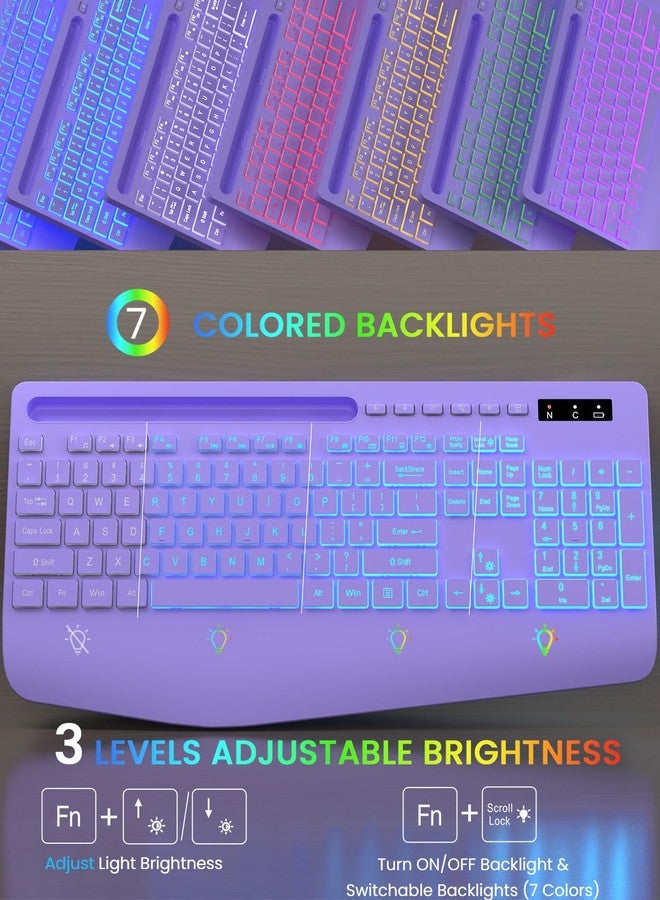 Trueque Wireless Keyboard with 7 Colored Backlits, Wrist Rest, Phone Holder, Rechargeable Ergonomic Computer Keyboard with Silent Keys, Full Size Lighted Keyboard for Windows, MacBook, PC, Laptop (Purple) - Image 2
