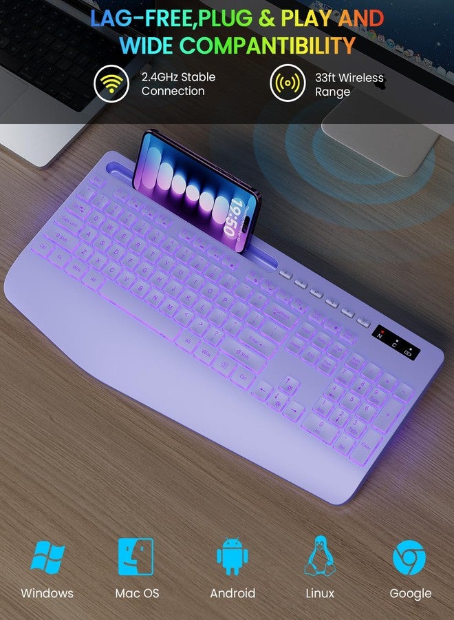 Trueque Wireless Keyboard with 7 Colored Backlits, Wrist Rest, Phone Holder, Rechargeable Ergonomic Computer Keyboard with Silent Keys, Full Size Lighted Keyboard for Windows, MacBook, PC, Laptop (Purple) - Image 5