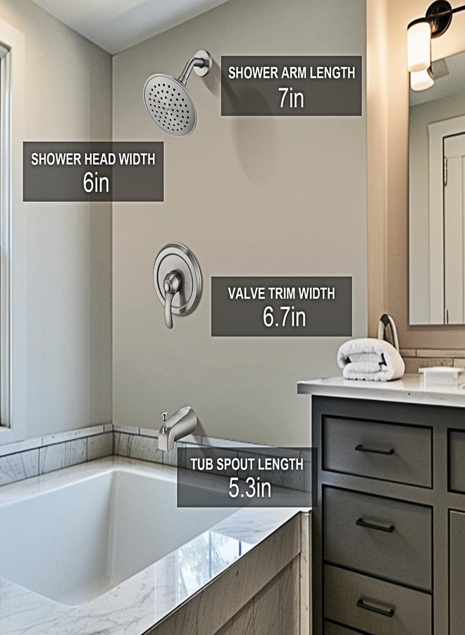 FROPO Tub Shower Faucet Set with Valve, 6-Inch Shower Head and Handle Set Brushed Nickel, Single-Handle Tub and Shower Trim Kit with Touch-Clean Rain Shower Head and Tub Spout - Image 3