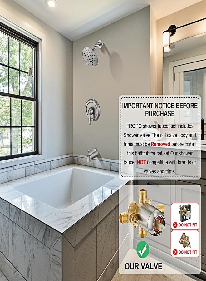 FROPO Tub Shower Faucet Set with Valve, 6-Inch Shower Head and Handle Set Brushed Nickel, Single-Handle Tub and Shower Trim Kit with Touch-Clean Rain Shower Head and Tub Spout - Image 2