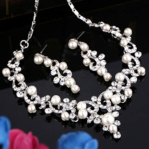 BriLove Wedding Bridal Simulated Pearl Necklace Earrings Jewelry Set for Women Filigree Vine Y-Necklace Dangle Earring Clear Silver-Tone - Image 4