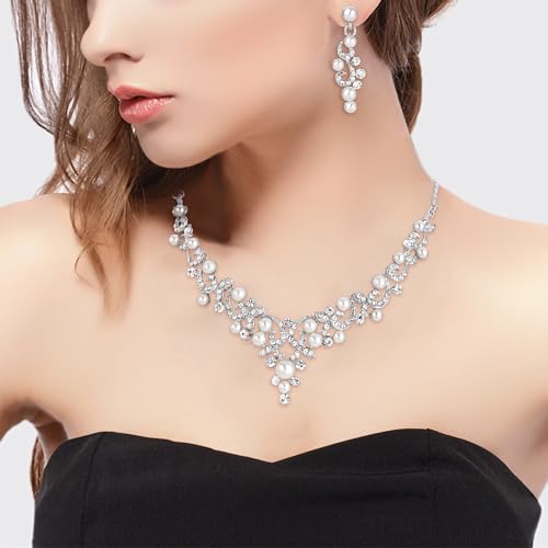 BriLove Wedding Bridal Simulated Pearl Necklace Earrings Jewelry Set for Women Filigree Vine Y-Necklace Dangle Earring Clear Silver-Tone - Image 2