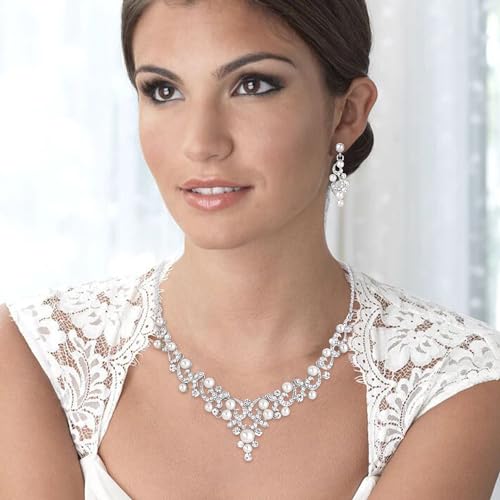 BriLove Wedding Bridal Simulated Pearl Necklace Earrings Jewelry Set for Women Filigree Vine Y-Necklace Dangle Earring Clear Silver-Tone - Image 3
