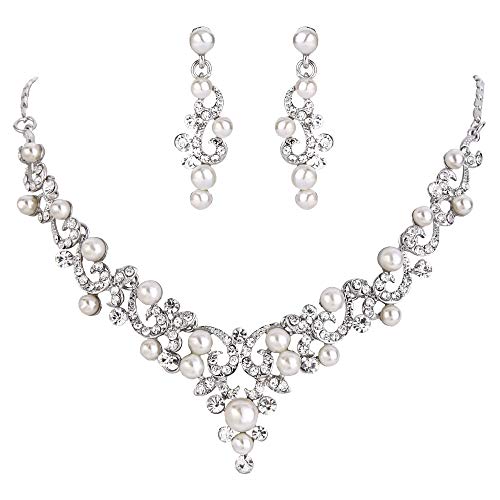 BriLove Wedding Bridal Simulated Pearl Necklace Earrings Jewelry Set for Women Filigree Vine Y-Necklace Dangle Earring Clear Silver-Tone - Image 1