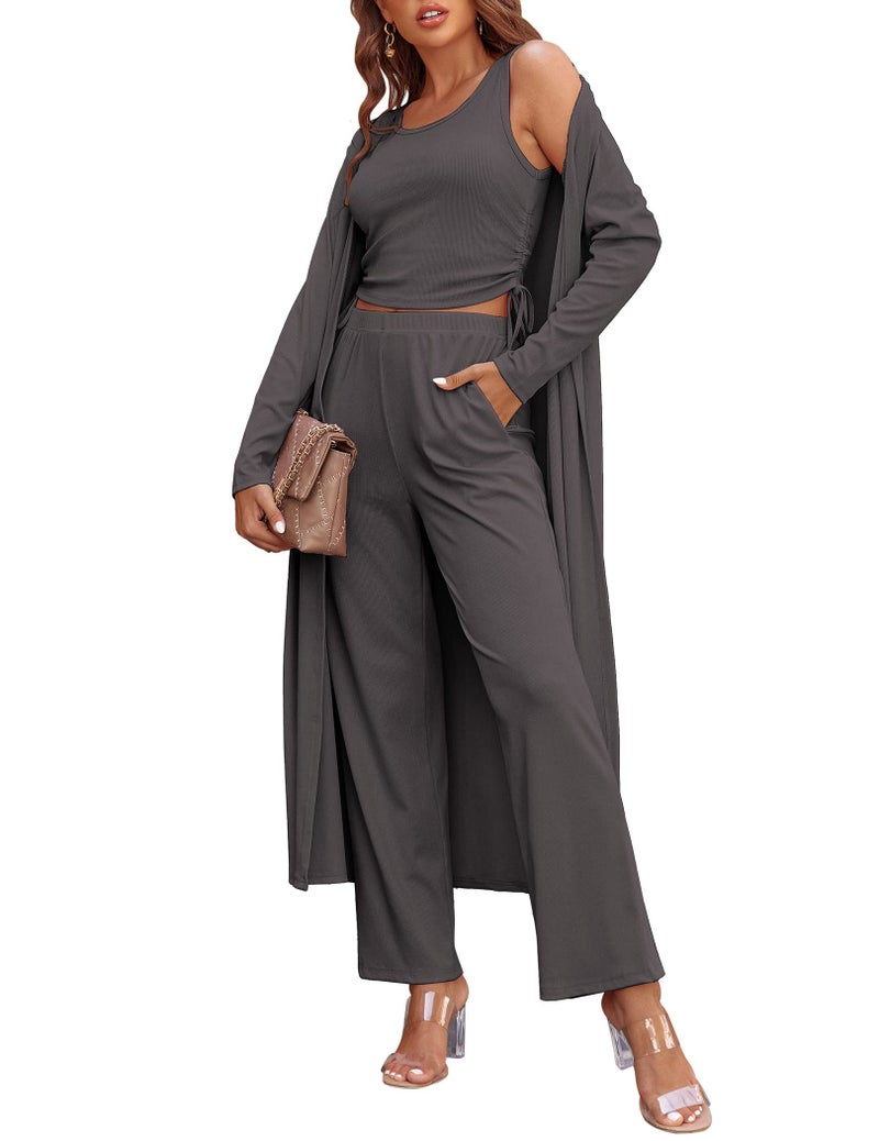 Ekouaer Women's 3 Piece Lounge Set Pajama Long Sleeve Cardigan Sleeveless Top Pants SweatsuitCharcoal GreySmall - Image 1