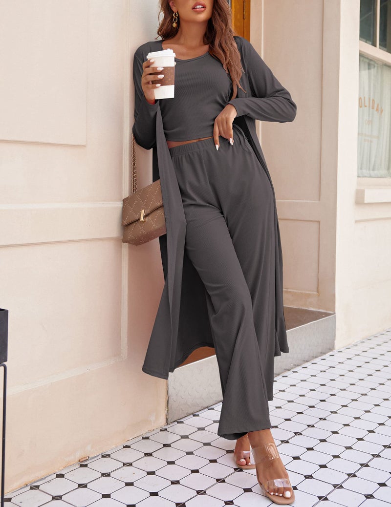 Ekouaer Women's 3 Piece Lounge Set Pajama Long Sleeve Cardigan Sleeveless Top Pants SweatsuitCharcoal GreySmall - Image 4