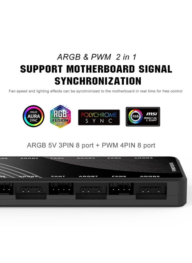 ARGB Fan HUB Controller, PWM Fan Hub Support 8 Groups of Fans for Addressable 5V 3Pin ARGB & 12V 4Pin PWM, 2-in-1 RGB Case Fan Hub with Hidden Magnetic Base and SATA Power