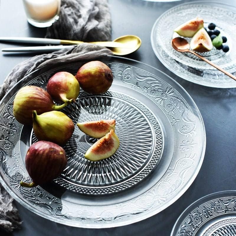 BLISS START Glass Dinner Plate 7 Inch Large Serving Plate Round Clear Glass Plate Vintage Embossed Dinnerware for Pasta Salad Home Wedding Decor Set of 4 Clear - Image 3