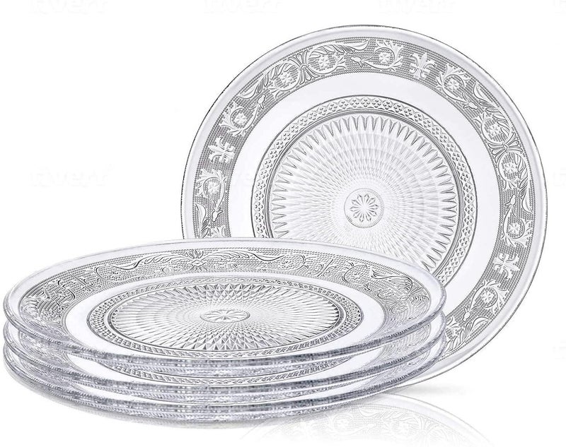 BLISS START Glass Dinner Plate 7 Inch Large Serving Plate Round Clear Glass Plate Vintage Embossed Dinnerware for Pasta Salad Home Wedding Decor Set of 4 Clear - Image 2