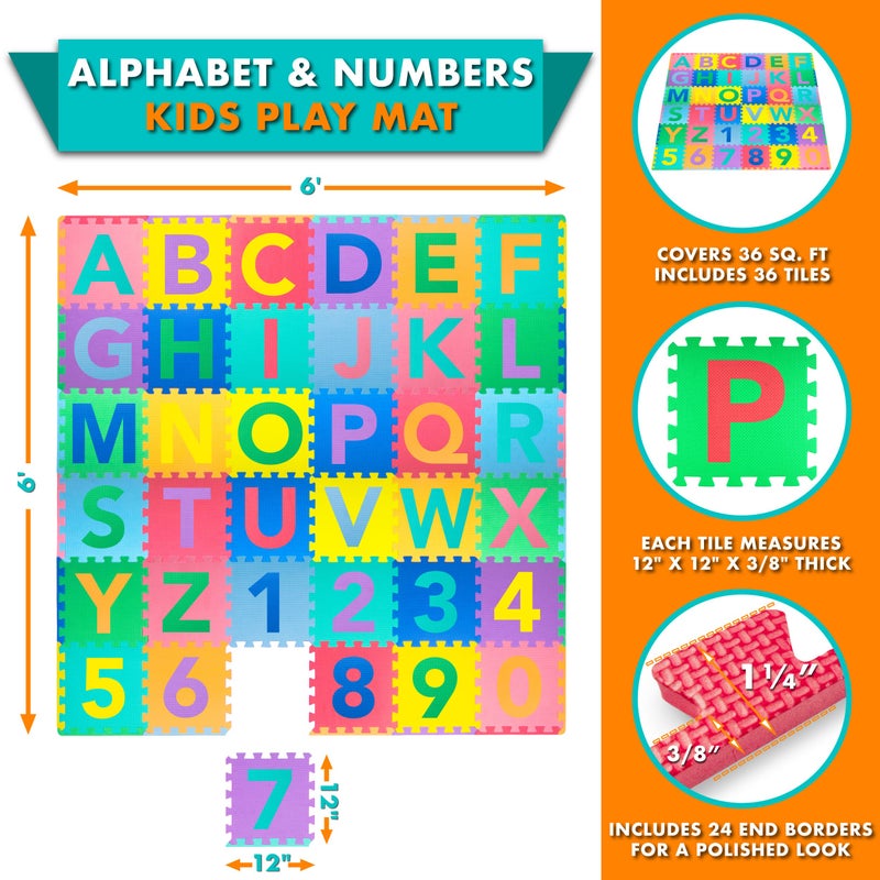 ProSource Kids Puzzle Alphabet, Numbers, 36 Tiles and Edges Play Mat, 12"x12", Abc & 123 - Image 2