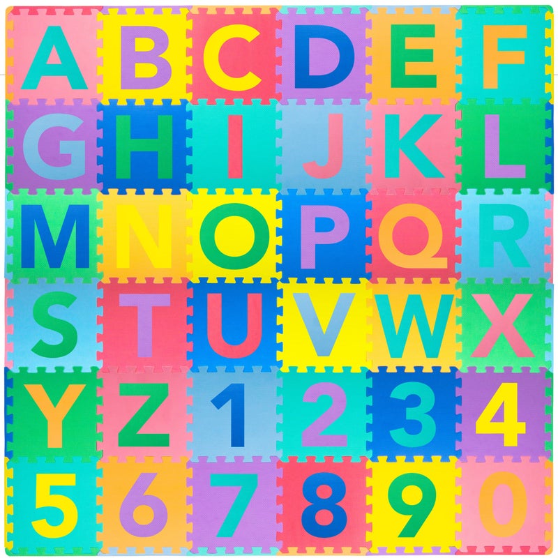 ProSource Kids Puzzle Alphabet, Numbers, 36 Tiles and Edges Play Mat, 12"x12", Abc & 123 - Image 1