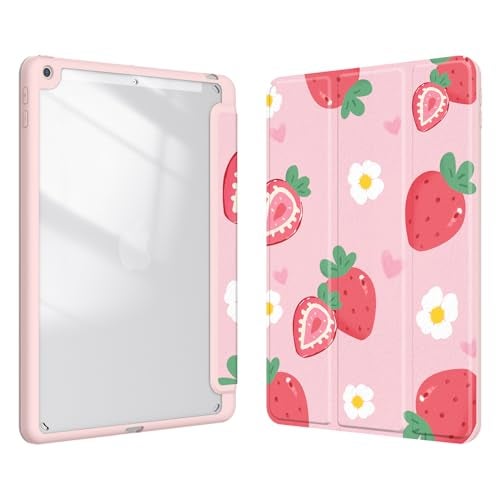 Xkladz Case for iPad 9th / 8th / 7th Generation (2021/2020/2019) 10.2 inch, Case with Pencil Holder, Stand Clear Back Cover Cute Cool Design for Women Girls, Auto Sleep/Wake, Strawberry - Image 1