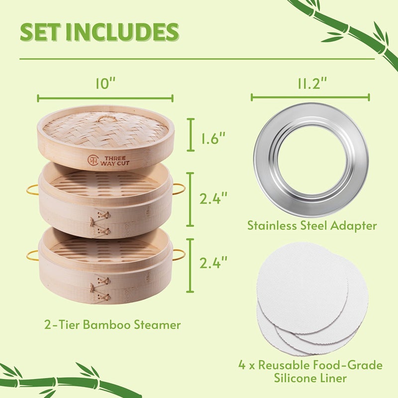 THREE WAY CUT Bamboo Steamer 10 Inch 2 Tier Wooden Basket With Handle, Ring Adapter, Reusable Silicone Liner, Kit For Cooking Dumpling Baby Bao Bun, Dim Sum, Rice Potsticker Steaming Chinese Asian Food & Vegetables - Image 2