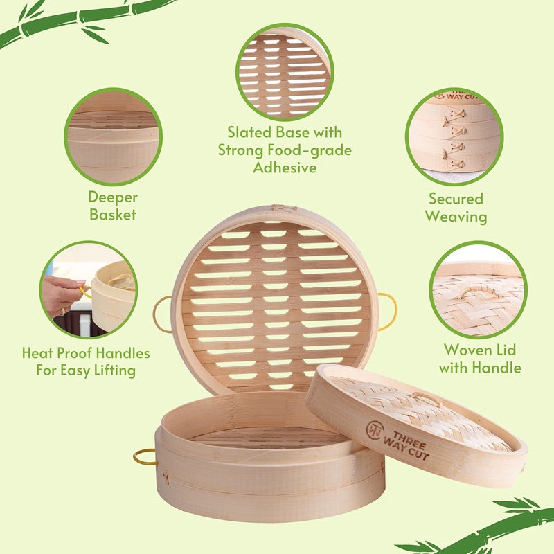 THREE WAY CUT Bamboo Steamer 10 Inch 2 Tier Wooden Basket With Handle, Ring Adapter, Reusable Silicone Liner, Kit For Cooking Dumpling Baby Bao Bun, Dim Sum, Rice Potsticker Steaming Chinese Asian Food & Vegetables - Image 3