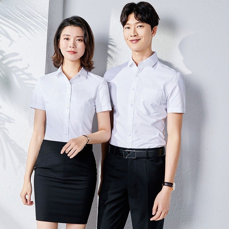 This duty formal dress mens and womens formal dress show white shirt short sleeve sales work clothes professional shirt womens summer shirt embroidered LOGO white female  - Image 5