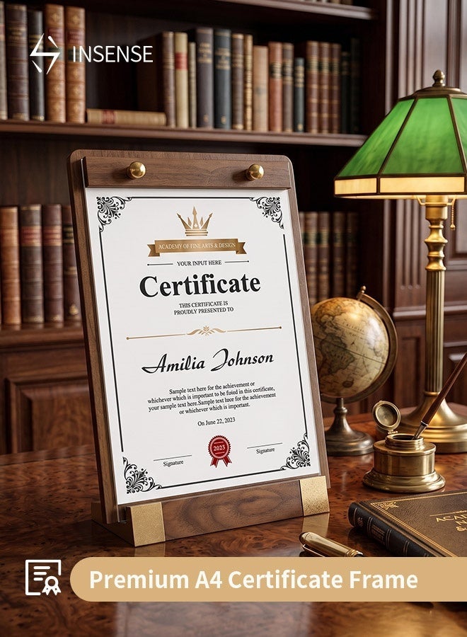 INSENSE Premium A4 Certificate Frame - Solid Wood & Clear Acrylic Tabletop Display Stand for Awards, Patents & Photos - Image 1