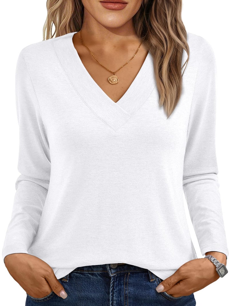 AUTOMET Ladies Tops and Blouses Womens Tops Spring Outfits 2026 T Shirts V Neck Casual Top Comfortable Shirt Soft Basic Tees Women Blouses White L - Image 1