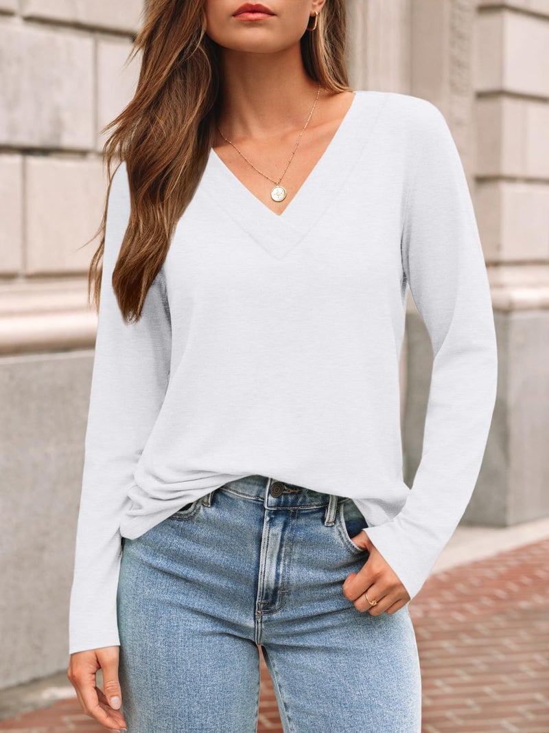 AUTOMET Ladies Tops and Blouses Womens Tops Spring Outfits 2026 T Shirts V Neck Casual Top Comfortable Shirt Soft Basic Tees Women Blouses White L - Image 2