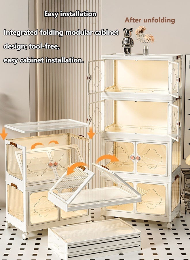 5-Layer Storage Cabinet,Stackable Storage Box with Wheels,Double Doors children's toy bedroom storage cabinet Multi-Purpose Folding Storage Containers for Home and Office 45x 27 x 116 cm White + Clear - Image 5