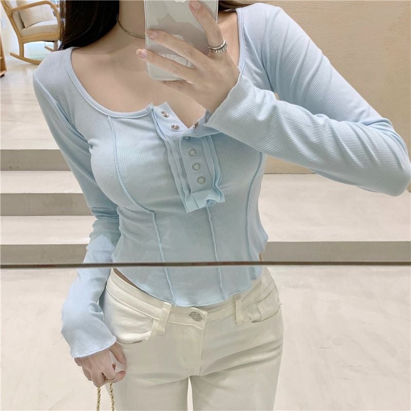 Long-sleeved T-shirt Women's 2021 Early Autumn Pure Desire Style Square Collar Small Face Slim-fit Good Figure Slimming Base Shirt Top Foreign Trade - Image 3