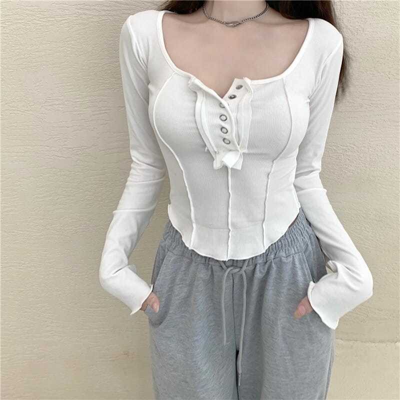 Long-sleeved T-shirt Women's 2021 Early Autumn Pure Desire Style Square Collar Small Face Slim-fit Good Figure Slimming Base Shirt Top Foreign Trade - Image 4