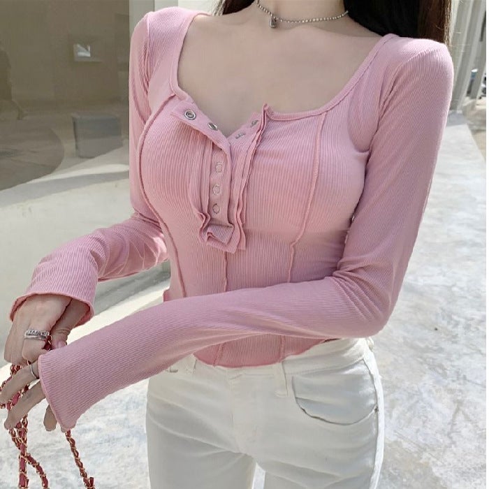 Long-sleeved T-shirt Women's 2021 Early Autumn Pure Desire Style Square Collar Small Face Slim-fit Good Figure Slimming Base Shirt Top Foreign Trade - Image 1