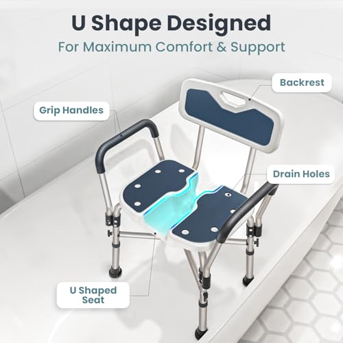 PELEGON Shower Chair U-Shape Seat (450lb) Heavy Duty - Padded Armrests and Back, Shower Chairs for Elderly and Disabled, Handicap, Shower Chair for Inside Shower, Adjustable Height - Blue - Image 4