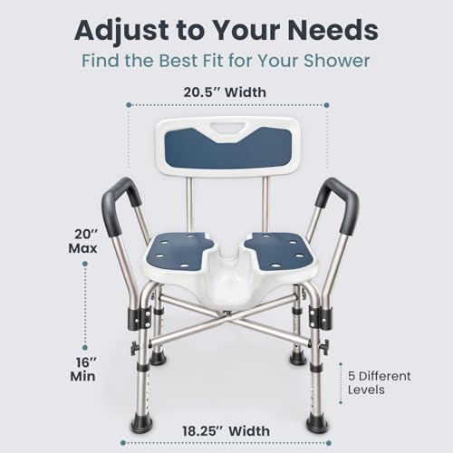 PELEGON Shower Chair U-Shape Seat (450lb) Heavy Duty - Padded Armrests and Back, Shower Chairs for Elderly and Disabled, Handicap, Shower Chair for Inside Shower, Adjustable Height - Blue - Image 3