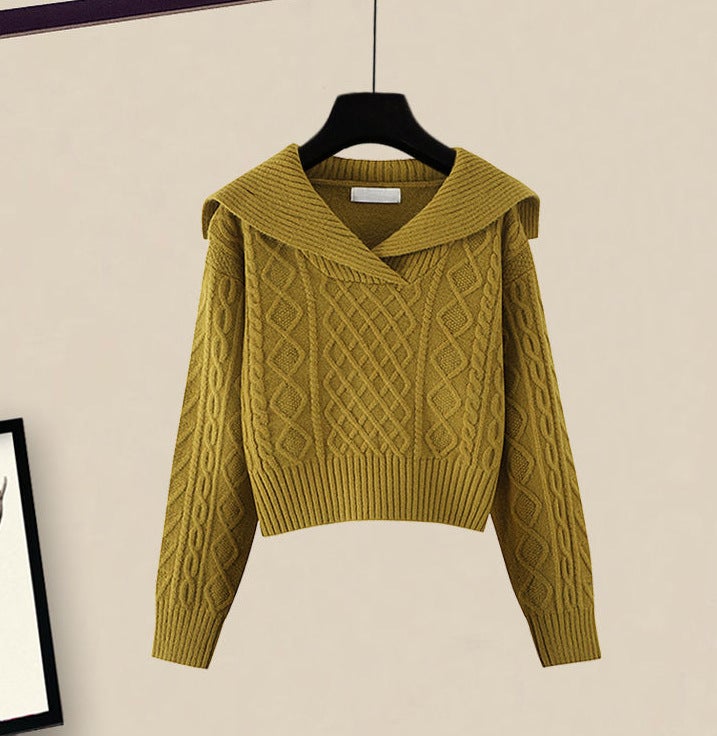 Navy collar retro Japanese lazy style sweater autumn 2022 short top with skirt two-piece set Ginger Top - Image 1