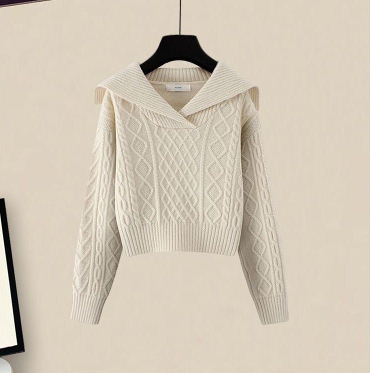 Navy collar retro Japanese lazy style sweater autumn 2022 short top with skirt two-piece set Ginger Top - Image 2