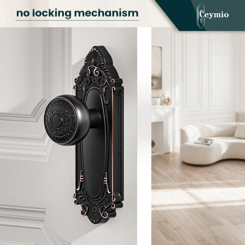 CEYMIO Oil Rubbed Bronze Dummy Knobs for French Doors, Vintage Farmhouse Interior Door Handle Set with Plate, Hallway Closet Bedroom Bathroom Decor - Image 1