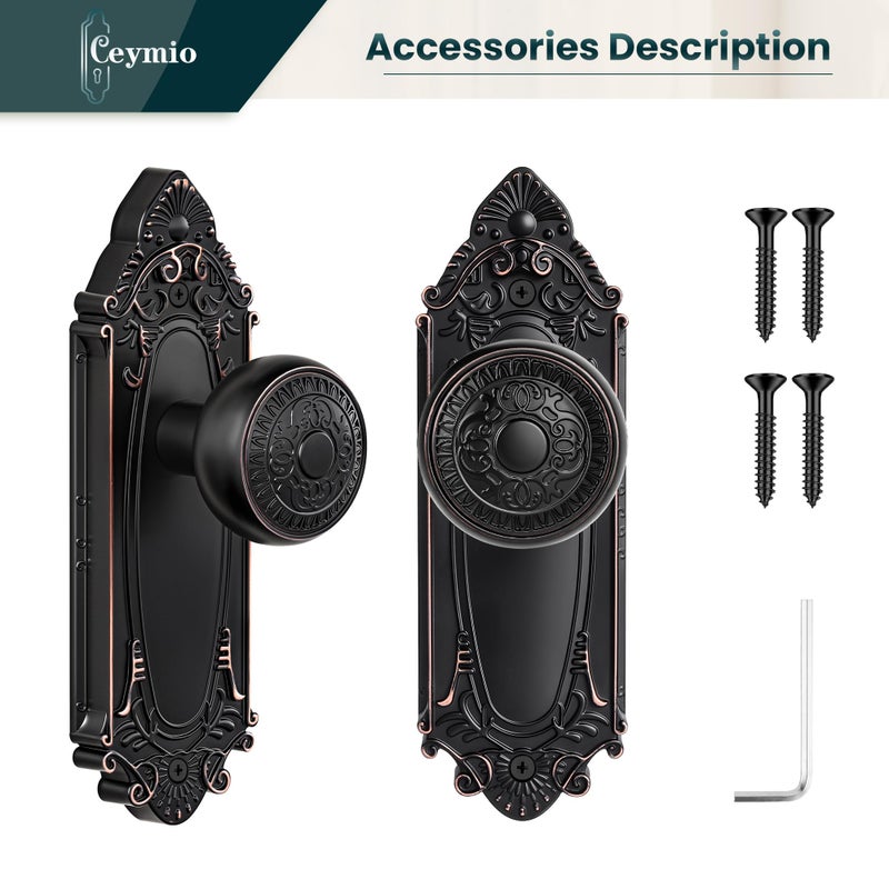 CEYMIO Oil Rubbed Bronze Dummy Knobs for French Doors, Vintage Farmhouse Interior Door Handle Set with Plate, Hallway Closet Bedroom Bathroom Decor - Image 5