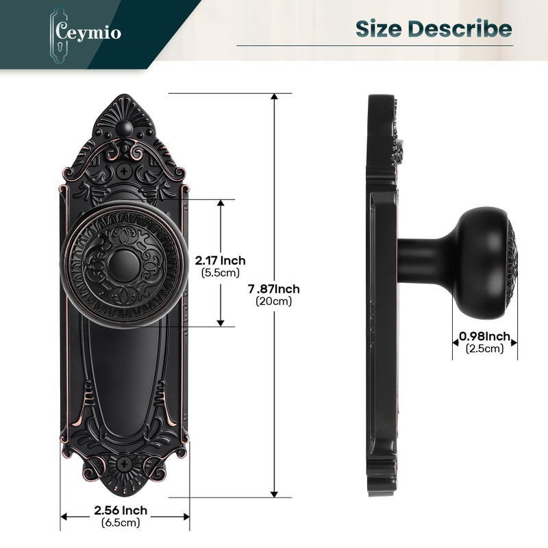 CEYMIO Oil Rubbed Bronze Dummy Knobs for French Doors, Vintage Farmhouse Interior Door Handle Set with Plate, Hallway Closet Bedroom Bathroom Decor - Image 4