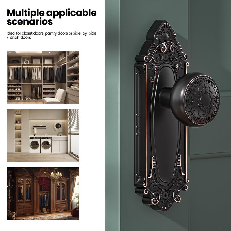 CEYMIO Oil Rubbed Bronze Dummy Knobs for French Doors, Vintage Farmhouse Interior Door Handle Set with Plate, Hallway Closet Bedroom Bathroom Decor - Image 2