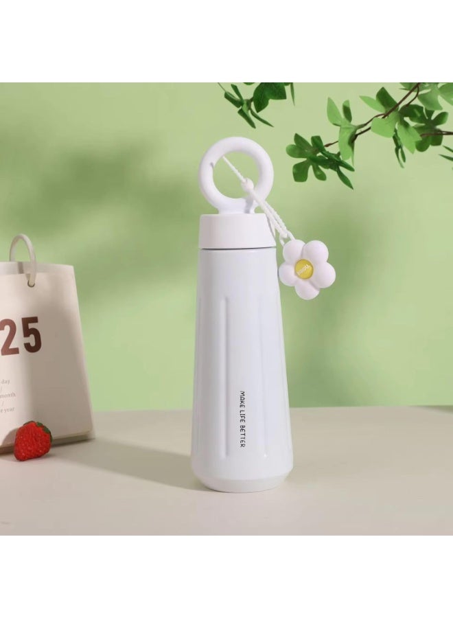 Stainless Steel Water Bottle 450ml with Flower Charm & Ring Lid | Leakproof Insulated Metal Bottle for Kids & Adults | Reusable Travel Bottle for School, Office, Gym (White) - Image 1
